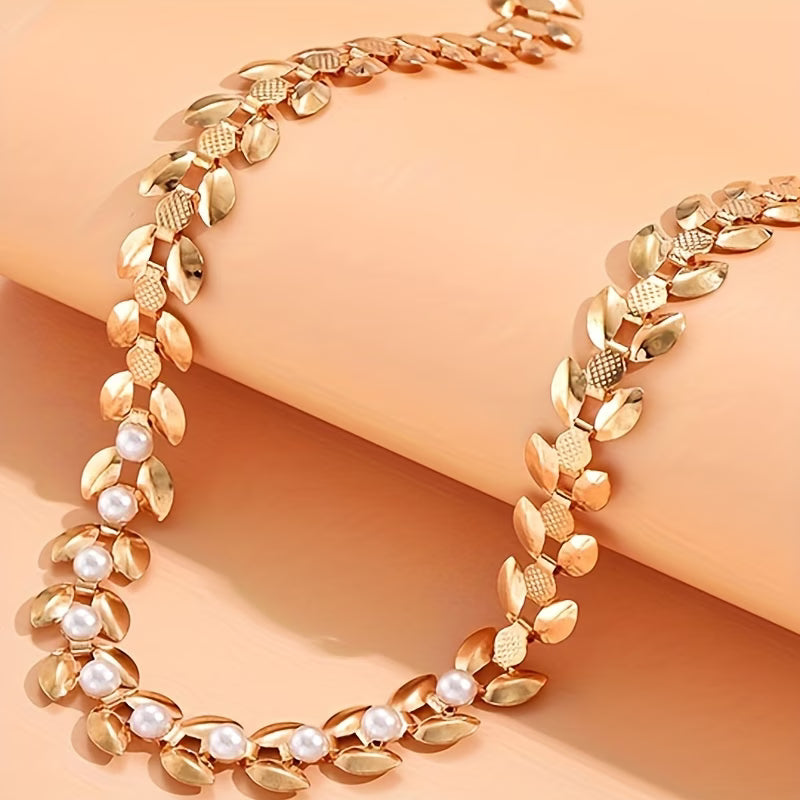 Elegant Gold-Tone Wheat Ear Necklace with Faux Pearl – Vintage Style, Ideal for Casual Wear