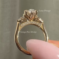 Vintage Three Stone Oval Cut With Lotus Prong Engagement Ring