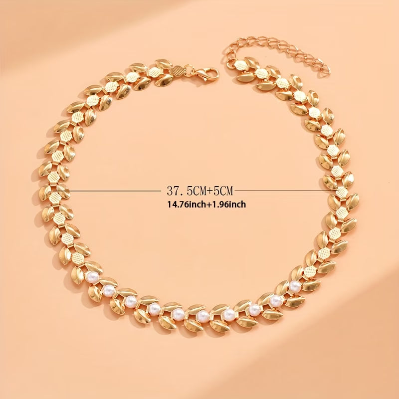 Elegant Gold-Tone Wheat Ear Necklace with Faux Pearl – Vintage Style, Ideal for Casual Wear