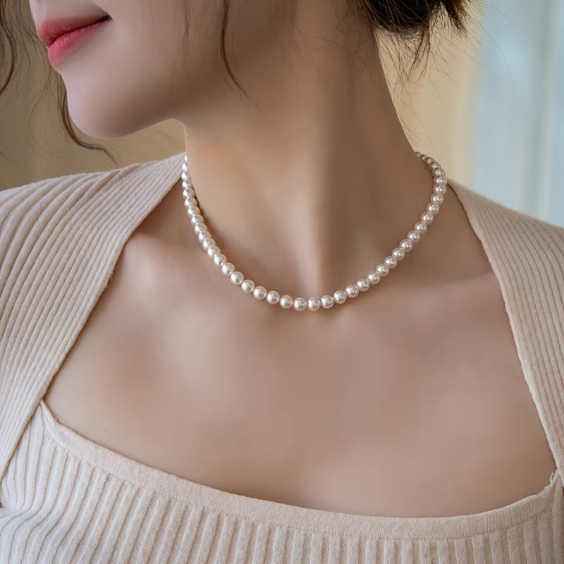 Delicate round imitation pearl necklace, wedding pearl necklace, women's exquisite jewelry, simple bridesmaid jewelry gift.