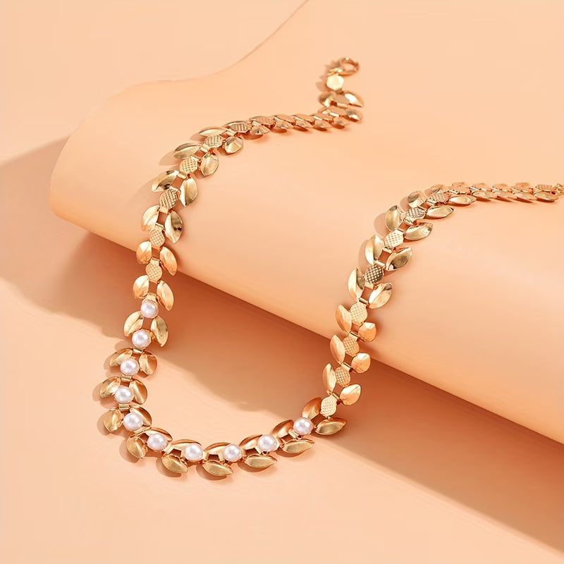 Elegant Gold-Tone Wheat Ear Necklace with Faux Pearl – Vintage Style, Ideal for Casual Wear
